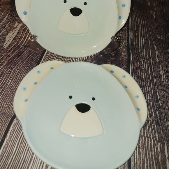 Two Vintage Knobler Japan Teddy Bear Head Plates Whimsical Blue White Polka Dots - Picture 2 of 7